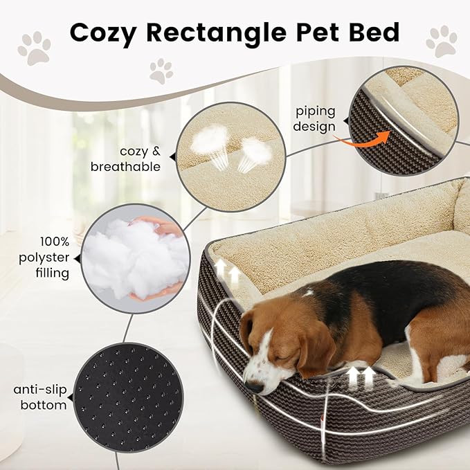 Miguel Dog Bed with Removable Cushion/Pillow for Medium Small Dogs, Washable Pet Bed with Side Easy to Wash Puppy Bed, Large Rectangle Cat Bed for Indoor Cat with Anti-Slip Bottom, Brown 35 Inch