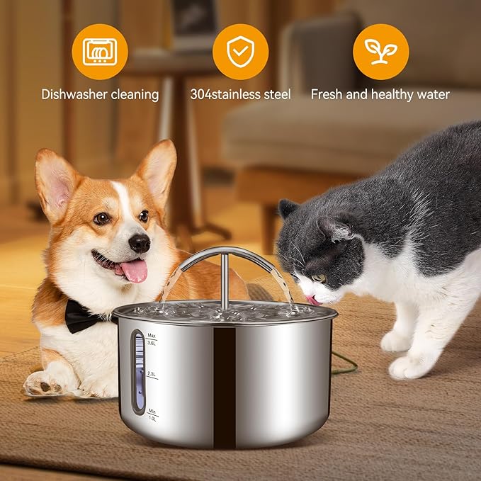 Cat Water Fountain, Large Capacity Stainless Steel Pet Water Fountain for Cats Inside,3.6L/121oz Automatic Dog Dispenser Water Bowl, Multiple Pets Water Fountain