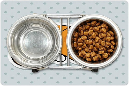 Lunarable Cat Pet Mat for Food and Water, Sleeping Kitten on Polka Dots Background Theme Graphic, Non-Slip Rubber Mat for Dogs and Cats, 18" X 12", Marigold Orange