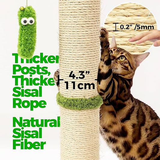 TINYBEAST 34.7" Tall Cat Scratching Post, 3 in 1 Heavy Duty 4.3" Diameter Natural Sisal Post with Hanging Bell Ball, Reinforced Stable Base for Indoor Adult Cats and Kittens(Beige)