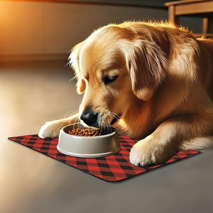 Lunarable Buffalo Plaid Pet Mat for Food and Water, Grid Style Illustration with Horizontal Lines Pattern Diamond, Non-Slip Rubber Mat for Dogs and Cats, 18" X 12", Orange Charcoal