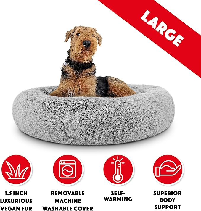 The Dog's Balls Dog Bed, Large Silver Grey Fur Calming Nest Bed, Veterinary Approved