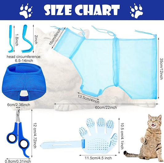 Patelai 5 Pcs Cat Bathing Bag Set Cat Grooming Bag Adjustable Pet Shower Net Muzzles Nail Clipper Tick Remover Tool Massage Brush(Blue)