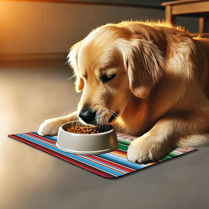 Lunarable Mexican Pet Mat for Food and Water, Colorful Boho Serape Pattern with Horizontal Stripes and Lines Cultures Picture, Non-Slip Rubber Mat for Dogs and Cats, 18" X 12", Green Red