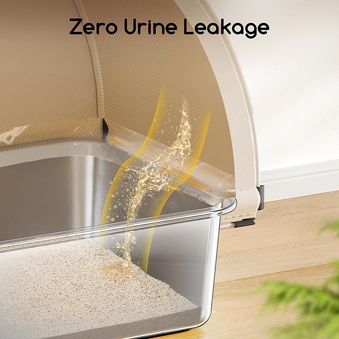 Meowant Enclosed Stainless Steel Cat Litter Box, Extra Large 3-in-1 Covered Litter Box with High Sided Oxford Fabric Cover, Metal Scoop, Leakproof, Odor Resistant, Non-Sticky, Easy Cleaning