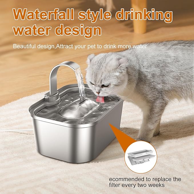Bobo&Dragon Automatic Stainless Steel Cat Water Fountain Indoor with Quiet Pump & Built-in Filter - 124oz/3.5L Cat & Dog Water Dispenser, Easy Clean Waterfall Design Metal Dish Bowl