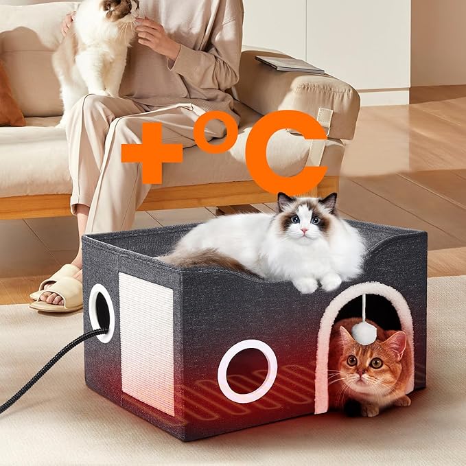 Indoor Heated Cat House, Adjustable Temperature Cat Heating Bed with Timer and Chew Resistant Cord, Large Cat House with Heating Pad for Small Medium and Large Cats