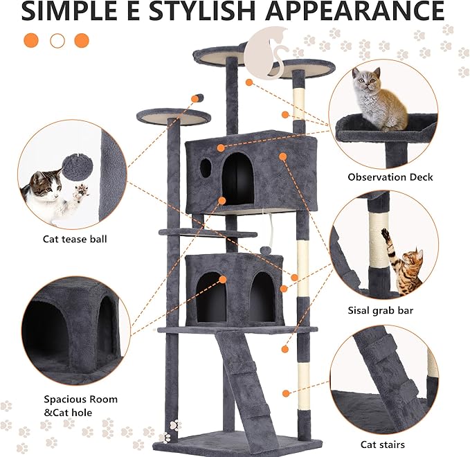 BestPet 81in Cat Tree Tower for Indoor Cats,Multi-Level Cat Furniture Activity Center with Cat Scratching Posts Stand House Cat Condo with Funny Toys for Kittens Pet Play House,Dark Gray