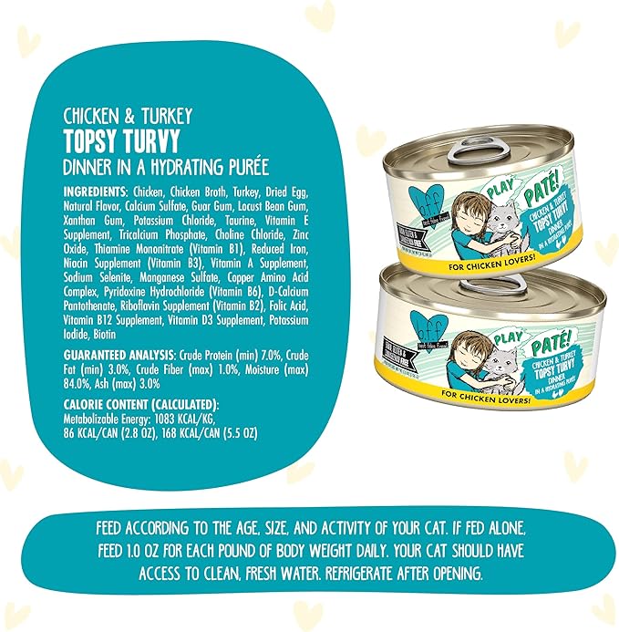 Weruva B.F.F. Play - Best Feline Friend Paté Lovers, Aw Yeah!, Chicken & Turkey Topsy Turvy with Chicken & Turkey, 2.8oz Can (Pack of 12)
