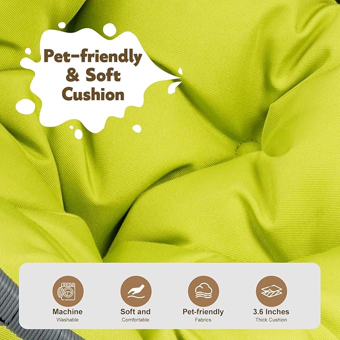 KEIKI Cat Hammock with Stand - Rattan Wicker Swing Bed, Cozy Egg Chair for Cats & Small Dogs, Green Cushion Included
