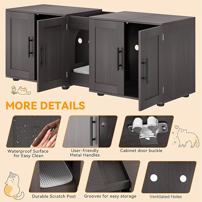 Double Litter Box Enclosure, Litter Box Enclosure with Double Room,Cat Hidden Litter Box Enclosure Furniture for 2 Cats with Double Room, 55”L x 17.7”W x 22.5”H Cat House, Wooden Cat Litter Box