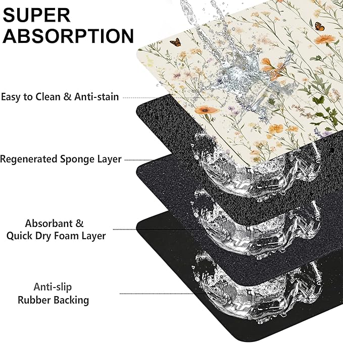 Vintage Wildflowers Herbs Pet Feeding Mat for Floors-Absorbent Dog Bowl Mat for Food and Water, Quick Dry Pet Cat Feeding Mats with Non Slip Bottom, Mess-Free Dog Accessories 16"x24"