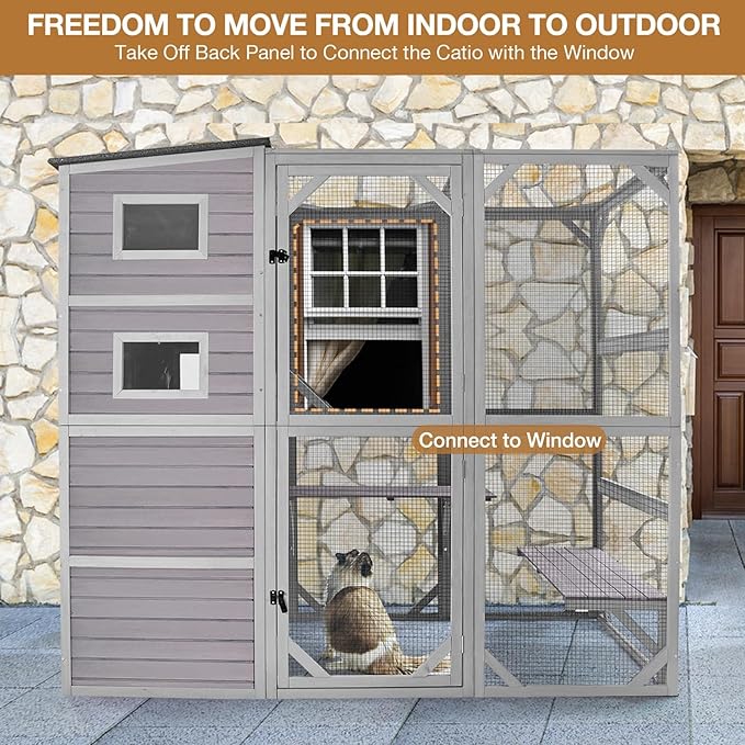 Catio Cat House Outdoor Kitty Enclosures 77" Large Cat Home with Run Cat Cage with Platforms Kitty Playpen,4 Tiers