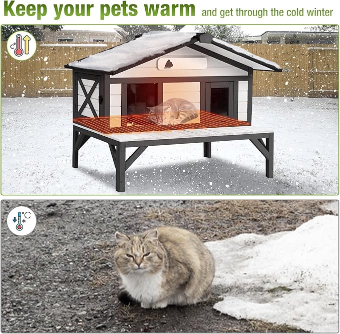 GUTINNEEN Heated Outdoor Cat House Weatherproof Large Cat Shelter with 100% Insulated Liner for Multiple Cats, Cat Houses for Indoor Cats(Black)
