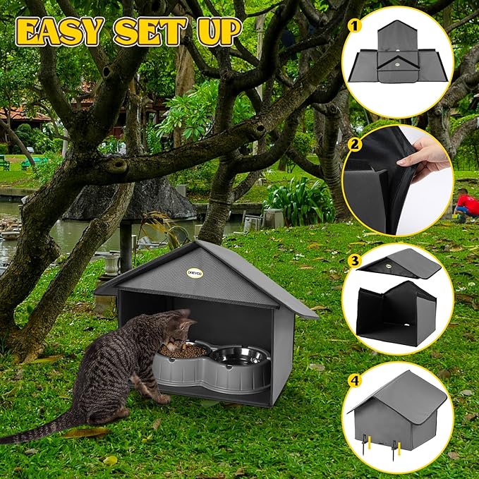 Dreyoo Cat Houses & Condos Outdoor Cat Feeding Station for Food & Water, Weatherproof Outdoor Kitty Dining Room Cats Shelter for Stray, Feral and Community Cats, 13”d x 17”w x 15.5'h(Dark Grey)