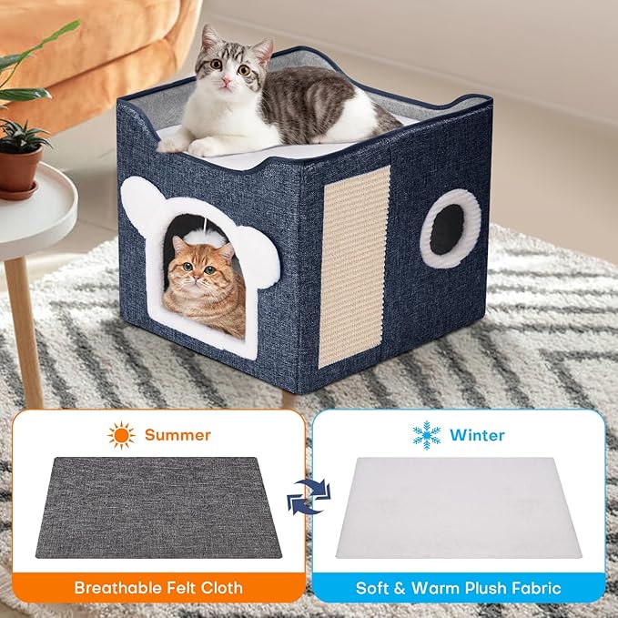 Cat Beds for Indoor Cats, Large Cat House Foldable Cat Cave with Scratch Pad and Hanging Fluffy Ball, Reversible Cushion Hideaway for Pet Cats, 16.5x16.5x13.2 inches, Dark Blue