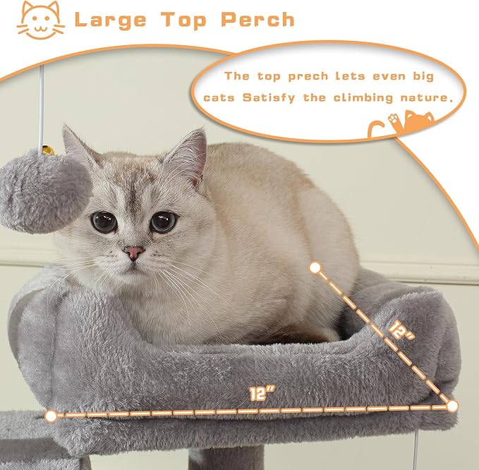 Cat Tree, 70-Inch Cat Tree Tower with Hammock, Scratching Post, Condo and Multi-Level Cat Tower, Large Cat Activity Center Playhouse, Light Gray LCT015