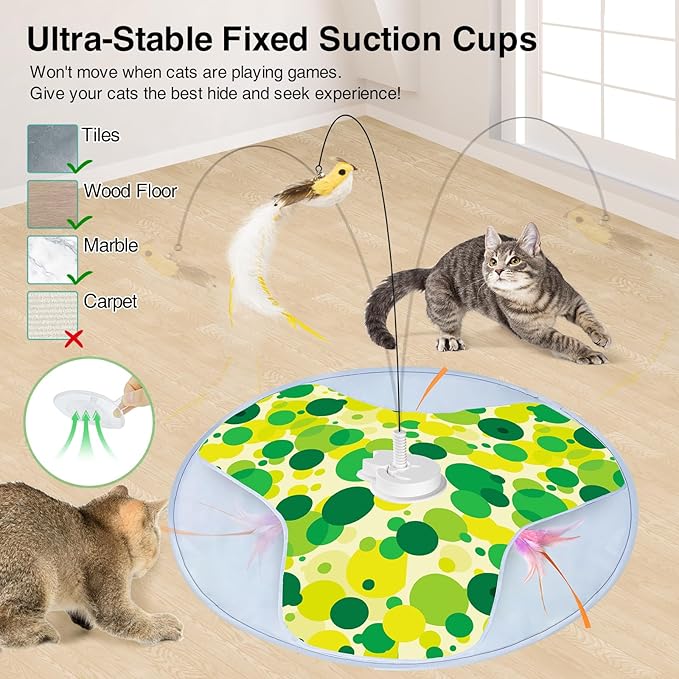 Interactive Cat Toy, Rechargeable Automatic Cat Toys for Indoor Cats, Motion Activated Hide and Seek Cat Toy with Bird Cat Wand, Moving Feather for Bored Indoor Adult Cats/Kittens