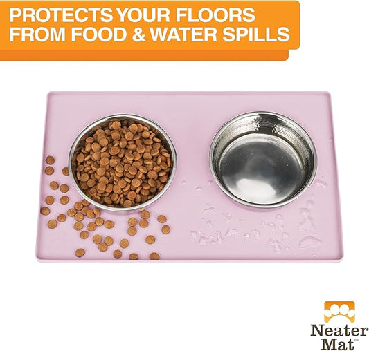 Neater Pet Brands Neater Mat Pet Mats for Food and Water, Cat & Dog Bowl Mat Waterproof Silicone, Feeding Tray, Dog Food Mats for Floors, Placemat w/Raised Edge for Under Bowls, 16” x 10”, Light Pink
