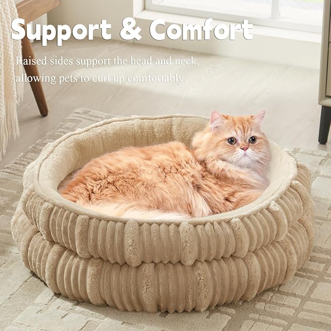 Cat Beds for Indoor Cats,Kitten Bed,Dog Bed for Extra Small Dogs Breeds,Puppy Kennel Bed, Comfy Durable Pet Sleeping Bed, Washable Roun Cat Beds & Non-Slip Bottom, Beige 18" L x 18" W x 7" Th