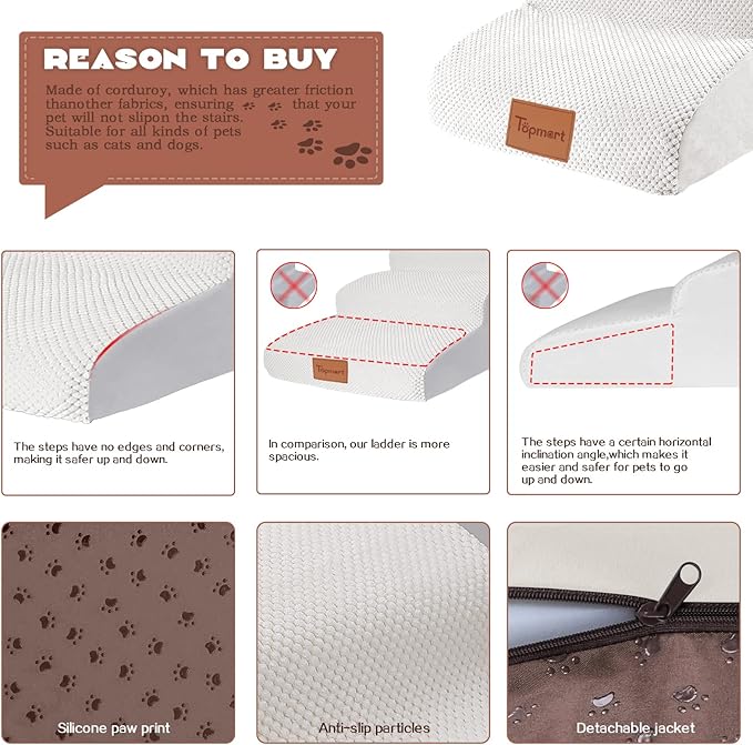 Topmart High Density Extended Foam Dog Ramp&Steps 3 Tiers,15.7" High,Non-Slip Dog Stairs with Waterproof Cover,Soft Foam Pet Ladder,Best for Injured,Older Cats,Pets with Joint Pain