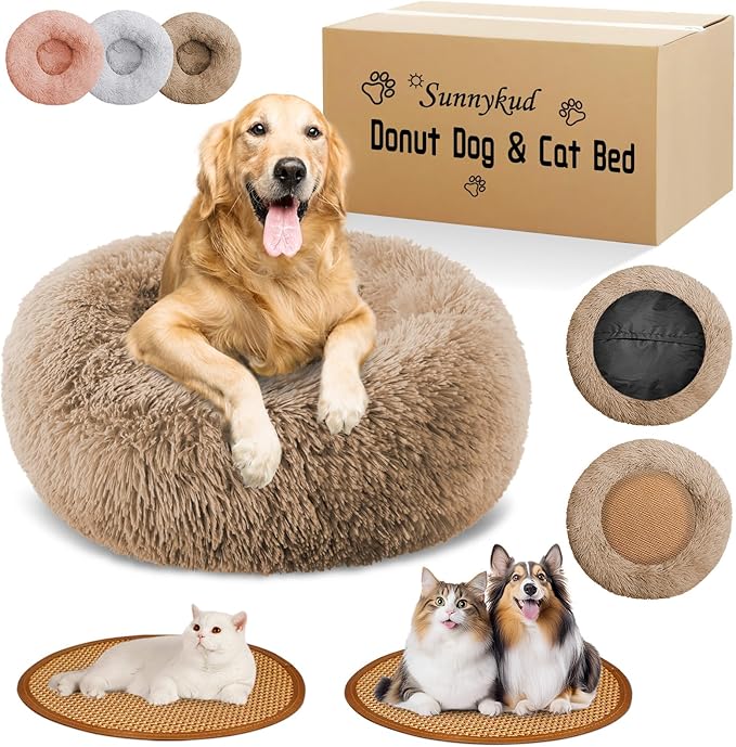 Calming Donut Dog Bed Medium Size Removable Cover + 2 PCS Cooling Rattan Pet Mat, Fluffy Comfort Anti-Anxiety Washable Round Pets Bed with Double-Sided Cool Pad for Medium Dogs/Cat, 31" Khaki