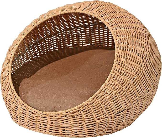 CBD3000A Fiora 19.5" x 18" Modern Circular Faux Wicker Pet Bed with Machine-Washable Cushion, Cat Beds for Indoor Cats, Natural