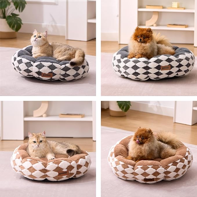 Cat Beds for Indoor Cats, Cute Donut Kitten Beds for Small Dog, Round Plush Bed for Puppy and Large Cats, Anti-Slip Bottom, Brown