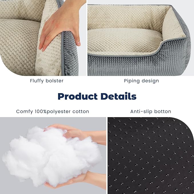 Miguel Small Dog Bed Washable Removable Cover, Cat Bed for Indoor Cats Square, Cuddle Rectangle Pet Bed with Side Soft Bolster Puppy Bed Kitten Bed with Wall Slip-Resistant Bottom, Gray 20 Inch