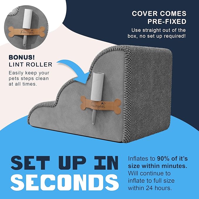 PAWZY Foam Pet Stairs for Bed, Couch or Window PREFIXED Cover - Wide Steps for Bed, Waterproof, Non-Slip Base - 3-Tier Ramp 15.5'' Height- Stairs for Small Dogs, Puppies, Cats - (Grey)