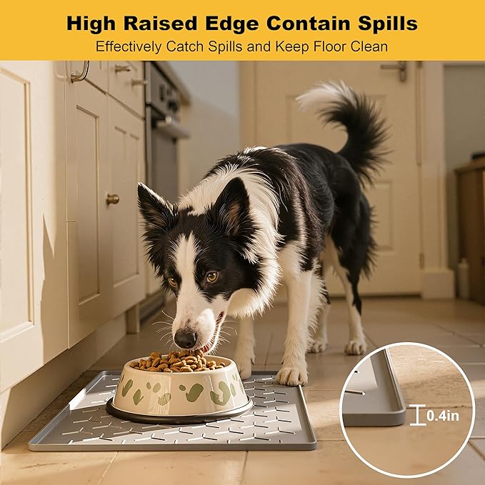 Pieviev Dog Cat Food Bowl Mat, Silicone Waterproof Food Grade Pet Food Mat for Floor, High Raised Edge to Prevent Spills, Non-Slip & Easy Clean Pet Placemat for Dog & Cat Bowls, 24''x16'', Light Gray