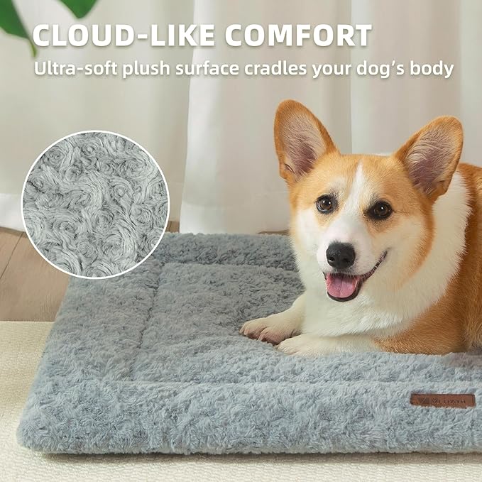 Fluffy Reversible Dog Bed Mat - Ultra Soft & Machine Washable Dog Crate Pad fit for Metal Kennel, Cozy Sleeping Mat, 35" x 22", Light Gray