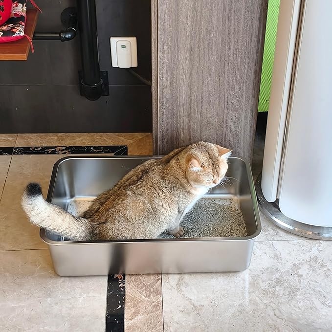 Stainless Steel Cat Litter Box, Metal Litter Box, Cat Litterbox for Kitten, Kitty, Rabbit, 6" High Side Cats Litter Boxes, Large Stainless Steel LitterBox, No Smell, Non Stick, Easy to Clean