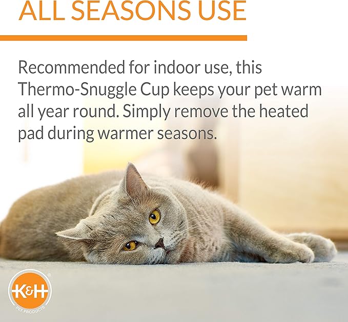 K&H Pet Products Heated Cat Bed Indoor, Thermo-Snuggle Cup Bomber Soft Heated Pet Bed for Large Indoor Cats and Small Dogs, Machine Washable, Waterproof Heated Pad, Safety Listed - 14x18in Chocolate