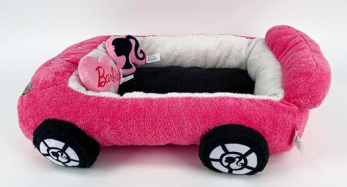 Barbie Plush Car Pet Bed- Themed Plush Pink Pet Bed for Dogs and Cats – Soft and Cozy Pet Bed with Barbie Pillow and Car Design