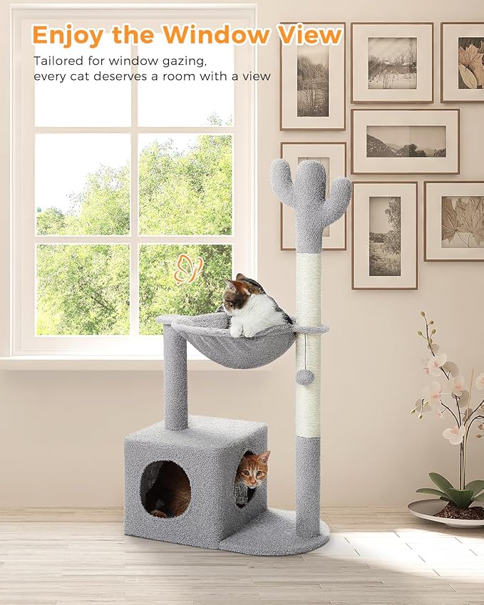 Cactus Cat Tree Cat Scratching Post 40" Cat Tower with Large Metal Carpet Hammock, Cat Scratching Post for Indoor Cats with Condo& Dangling Ball, Grey