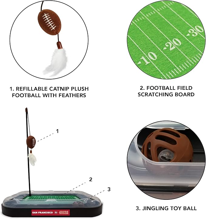 Pets First Cute Cat Toy SAN Francisco 49ERS Football Field CAT Scratcher Toy, Catnip Filled Plush Football Toy & Feather Cat Toy Hanging with Jingle Bell Interactive Ball Cat Chasing 5in1 Kitty Toy