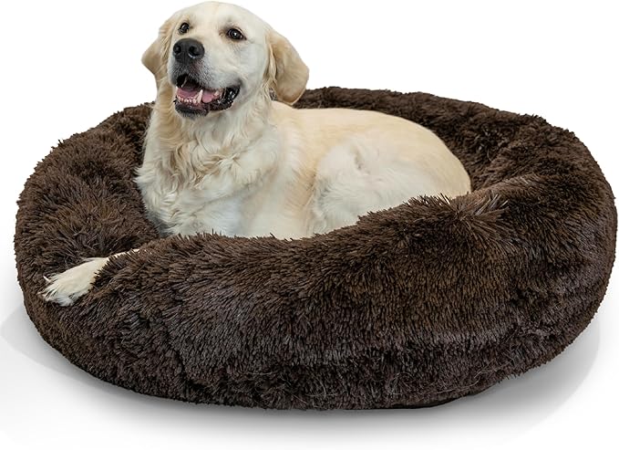 Best Friends by Sheri Original Calming Donut Dog and Cat Bed, Shag Faux Fur, Dark Brown, (36in x 36in) - Anxiety Relief for Pets Up to 100 lbs