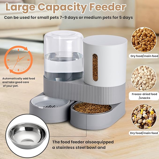 Automatic Dog Cat Water Dispenser Gravity Feeder and Water Dispenser Stainless Steel 2-in-1 Set Large Capacity Dispenser for Pets Dogs, Puppies, Kittens(Grey)
