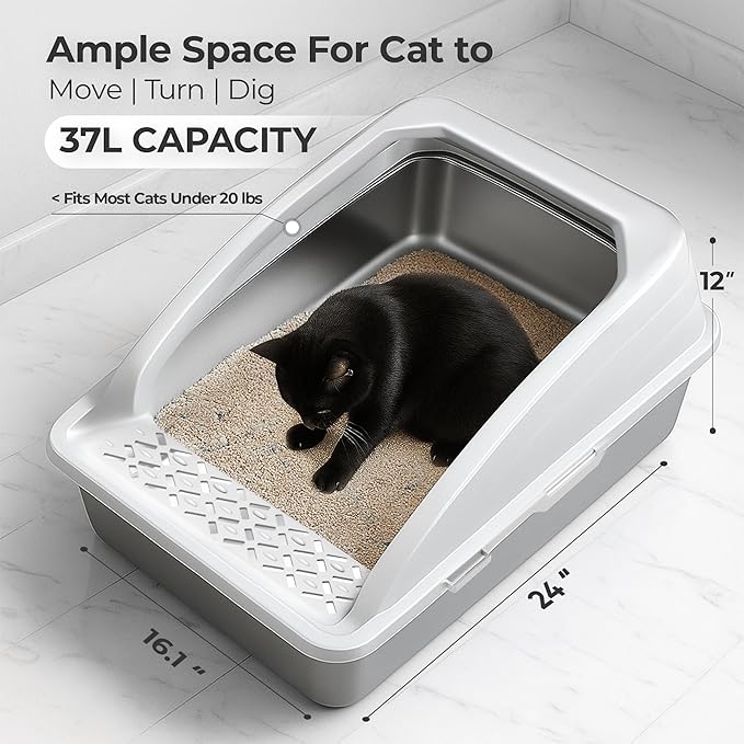 XL Stainless Steel Litter Box with Lid for Big Cats - Prevents Odor & Stains - Leak-Proof, Rust-Free & Non-Stick - Extra Large Cat Litter Box Stainless Steel with Scooper, Brush, Bowl & Mat Included