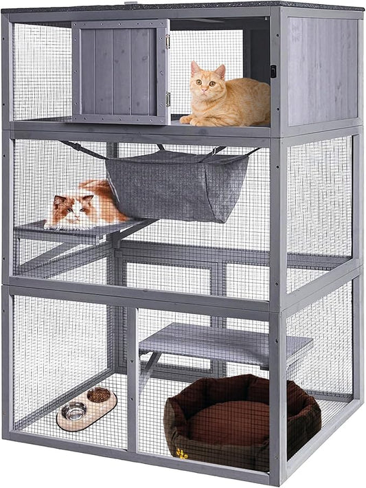 Wooden Cat House Outdoor Cat Enclosure with 3 Floors and Weatherproof Roof Indoor Large Cat Catio for Cats with Hammock & Resting Box