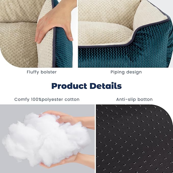 Miguel Small Dog & Cat Bed, Washable Removable Cover, Square, Cuddle Rectangle Pet Bed with Side Bolster, Blue, 20 Inch