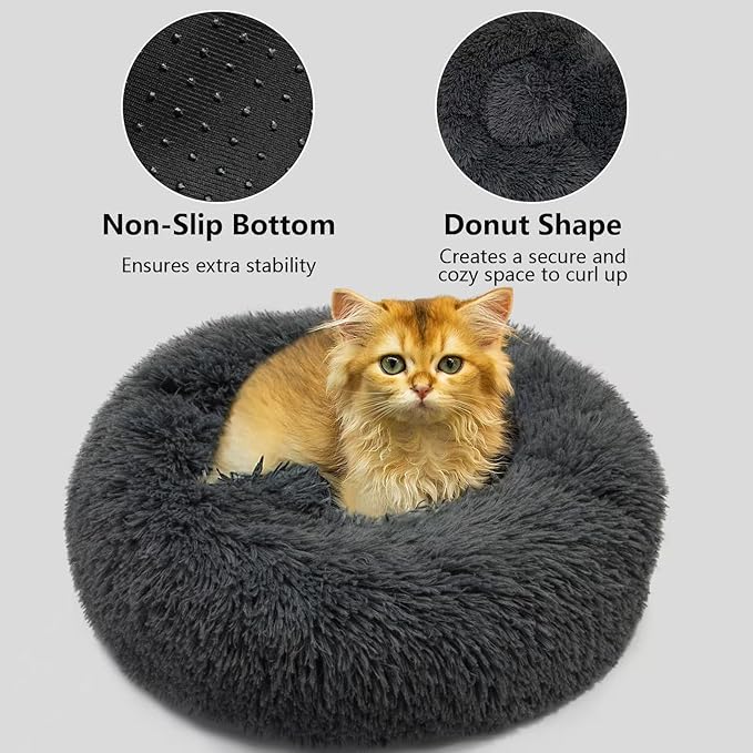Cat Beds for Indoor Cats Dog Beds for Medium Dogs Round Pet Bed for Puppy and Kitten with Slip-Resistant Bottom Plush Donut Cat Bed, Dark Grey