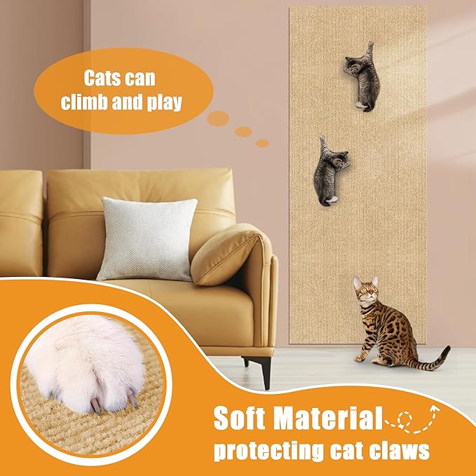 Cat Scratching mat Self-Adhesive, Trimmable Furniture Protector for Couch, Sofa, Wall & Cat Trees - Durable Scratch Pad with Nano Tape, DIY Climbing Carpet for Indoor Cats (Khaki, 23.6"x15.8")
