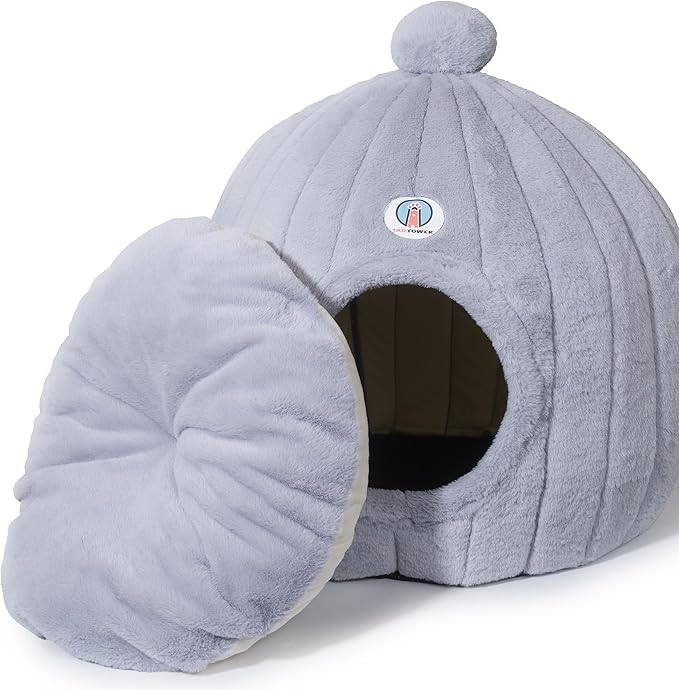 Extra Large Cat Cave Bed for Large Cats & Small Dogs β Plush Dome Hideaway with Removable Cushion β Spacious, Enclosed Cat House (24x23β, Light Gray)