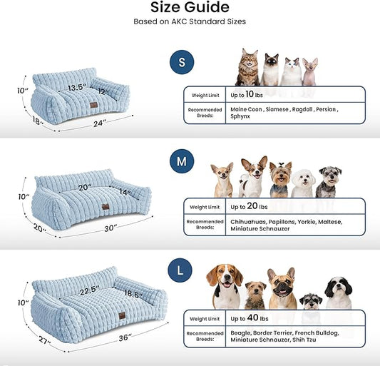 Cute Small Dog Couch Bed – Supportive & Fluffy Pet Sofa with Faux Rabbit Fur Washable Cover in 3D Diamond Pattern, 30" Light Blue