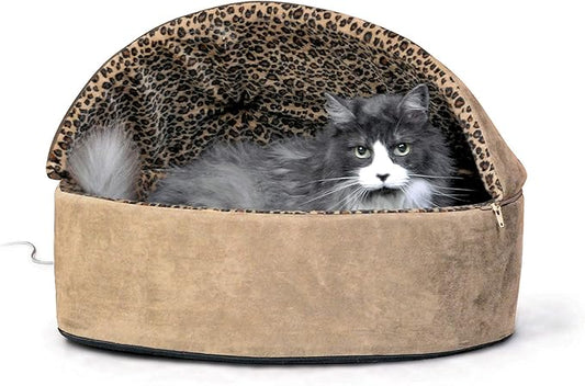 K&H Pet Products Thermo-Kitty Bed Deluxe Heated Cat Bed for Large Kitties - Indoor Heated Pet Bed for Dogs & Cats, Covered Cave Pet Tent, Machine Washable, Safety Listed - Large 20in Tan/Leopard