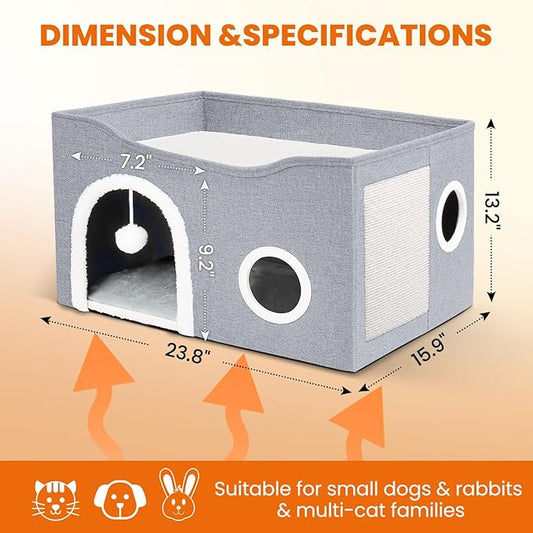 Indoor Heated Cat House, Adjustable Temperature Cat Heating Bed with Timer and Chew Resistant Cord, Large Cat House with Heating Pad for Small Medium and Large Cats