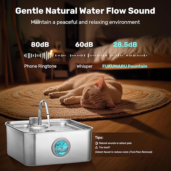 FUKUMARU Dog Water Fountain, 1.8 Gal/236oz/7L Water Tank Ultra Quiet Pump (28.5dB) & 4-Stage Filter System Stainless Steel Kitty Water Fountains for Multi-Cat/Dog Homes, with 3 Filters