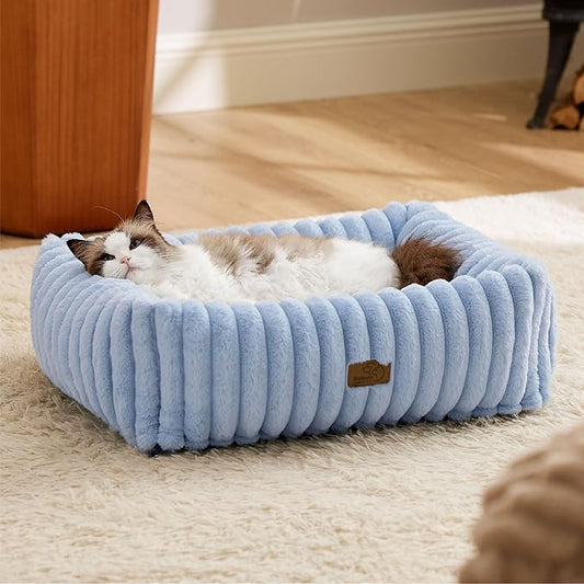 Bedsure Washable Dog Bed for Medium Dogs - Cute Furry Puppy Beds, Rectangle Orthopedic Corduroy Fleece Pet Beds with Removable Zipper Cover, 20x19x6inches, Blue